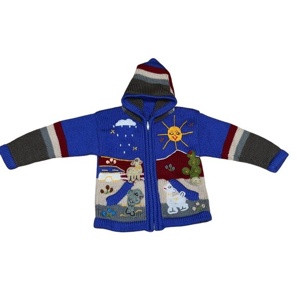 Vintage Peruvian Knit Toddler Sweater 2T With Zip-Up & Hood - Picture 1 of 2